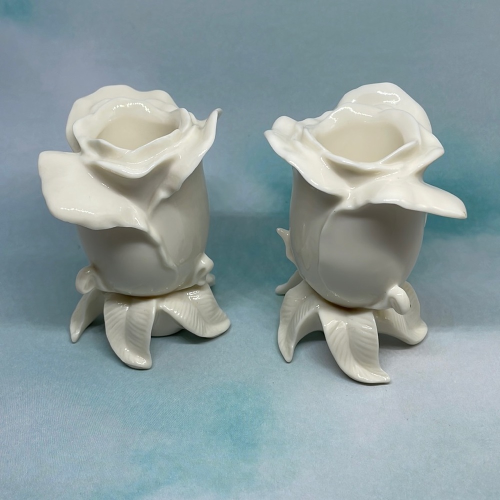 Pair of Lenox Ivory Porcelain Rose Candle Holders
